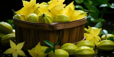 AI generated Fresh Carambola Fruit with Water Drops. Star Fruit. Generative AI photo