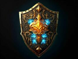 AI generated Fantasy Medieval Shield Isolated on Black Background. Shield with Game Style. Generative AI photo