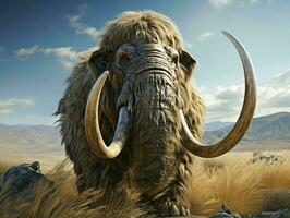 ai generado un lanoso mamut con vasto pastos y montañas antecedentes. generativo ai foto