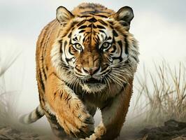 ai generado retrato de un feroz Tigre corriendo terminado el lodo. generativo ai foto