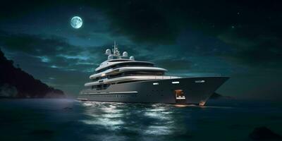 AI generated Luxury Motor Yacht Sailing in The Sea At Night with Starry Sky. Generative AI photo