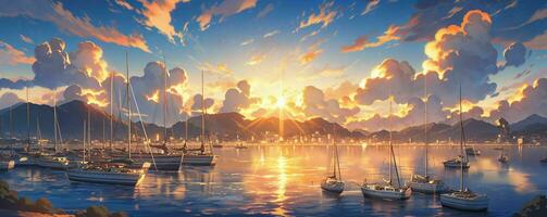 AI generated Beautiful Harbor with Blue Sky and Sunset View in Japanese Anime Style. Generative AI photo