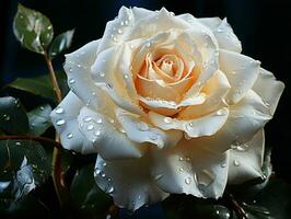 AI generated Blooming White Rose with Water Droplets on it Isolated on Black Background. Rose Close Up. Generative AI photo