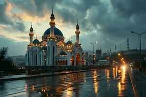 ai generado hermosa mezquita con un atmósfera después el lluvia, en el tarde. generativo ai foto