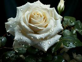 AI generated Blooming White Rose with Water Droplets on it Isolated on Black Background. Rose Close Up. Generative AI photo