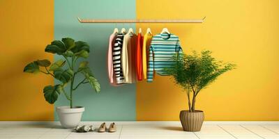 AI generated Fashionable Clothes on Hangers in a Minimalist Interior. Fashion Show Room Interior. Generative AI photo