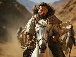 ai generado medio oriental hombre montando un caballo en el desierto. árabe hombre montando caballo. generativo ai foto