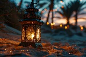 AI generated Arabic Lantern in the Desert at Sunset. Ramadan Kareem Background. Muslim Holy Month. Generative Ai photo