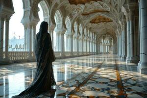 ai generado muslimah con niqab camina en el lujoso interior de un mezquita. musulmán mujer a mezquita. generativo ai foto