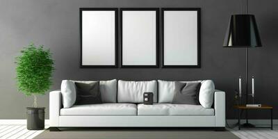 AI generated Modern and Minimalist Living Room Interior Design with Blank White Picture Frame Mockup. Generative AI photo