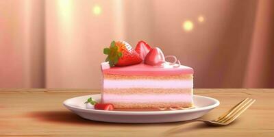 AI generated A Slice of Sweet Pink Cake with Strawberries and Cream on Top. Generative AI photo