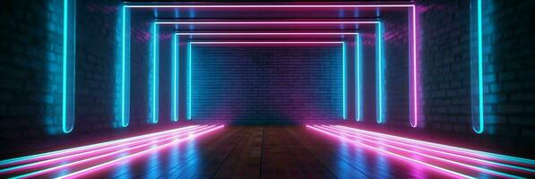 AI generated Modern Dark Room with Glowing Neon Lines with Retro 80s Style. Futuristic Interior with Laser Effect. Generative AI photo