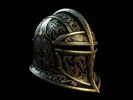 ai generado hierro medieval guerra casco aislado en negro antecedentes. generativo ai foto