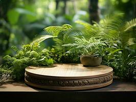 AI generated Wooden Product Display Podium with Nature Background. Natural Product Placement Pedestal Stand. Generative AI photo