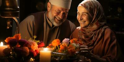 AI generated Happy and Romantic Old Muslim Couple. Generative Ai photo