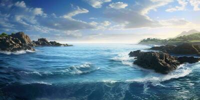 ai generado hermosa Oceano olas ver con azul cielo. generativo ai foto