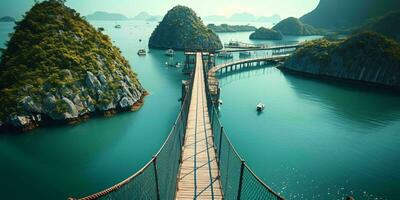 AI generated Suspension Bridge Between Islands with Ocean View. Generative AI photo