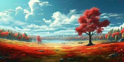 AI generated Illustration of Trees with Red Leaves in a Large Grass Field. Beautiful Landscape. Generative AI photo