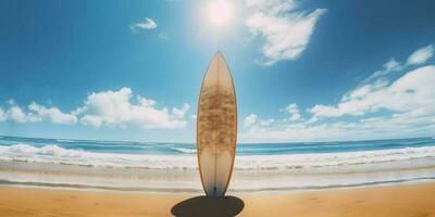 ai generado tabla de surf en el playa con azul cielo vista. generativo ai foto