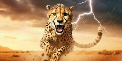 AI generated A Cheetah Sprinting in the Desert with Thunderstorm Behind. Generative AI photo