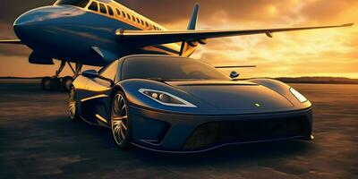 AI generated Luxury Car and Private Jet at the Airport. Business Class Service at the Airport. Generative AI photo