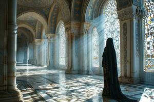 ai generado muslimah con niqab camina en el lujoso interior de un mezquita. musulmán mujer a mezquita. generativo ai foto