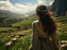 AI generated Beautiful Middle Eastern Woman Herding Goats and Sheep in the Field. A Shepherd Woman in the Pasture. Generative AI photo