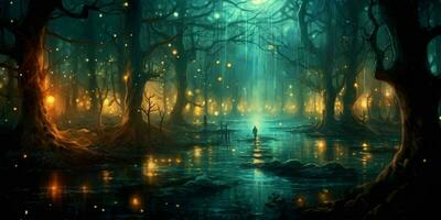 AI generated Night and Gloomy Fantasy Forest Scene. Generative AI photo