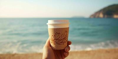 AI generated A Person Hand Holding a Paper Coffee Cup with Beach View. Generative AI photo