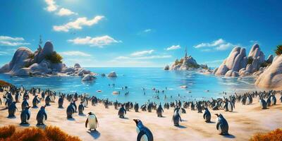 AI generated Penguin Colony on the Beach with Beautiful landscape View. Generative AI photo