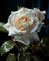 AI generated Blooming White Rose with Water Droplets on it Isolated on Black Background. Rose Close Up. Generative AI photo