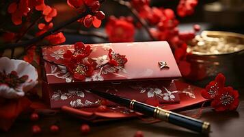 ai generado chino nuevo año rojo sobre decorado con floral patrones. simbolizando prosperidad y bueno suerte. generativo ai foto