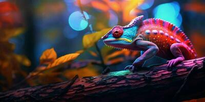 AI generated Colorful Chameleon Perched on a Tree Branch with Vibrant Neon Light Effect. Digital Art. Generative AI photo