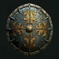 AI generated Rusty Medieval Shield with War Torn Effect Isolated on Black Background. Generative AI photo