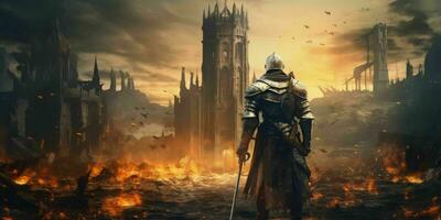 AI generated Armored Medieval Warrior in Front of a Ruined Castle. Knight in Armor. Generative AI photo