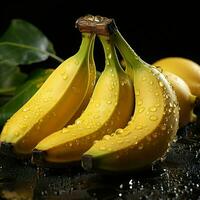 AI generated Fresh Bananas with Water Droplets. Bunch of Banana Isolated on Black Background. Generative AI photo