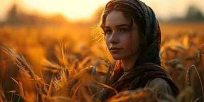 ai generado hermosa medio oriental mujer con pecoso rostro, vistiendo Pañuelo en trigo campo con brillante luz de sol efecto. generativo ai foto