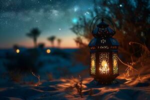 AI generated Arabic Lantern in the Desert at Sunset. Ramadan Kareem Background. Muslim Holy Month. Generative Ai photo