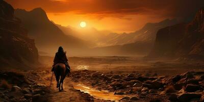 ai generado árabe personas haciendo un largo viaje en pie y lado de caballo. generativo ai foto