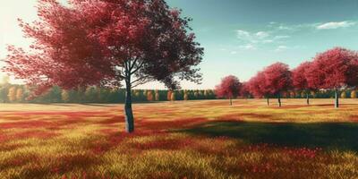 AI generated Illustration of Trees with Red Leaves in a Large Grass Field. Beautiful Landscape. Generative AI photo