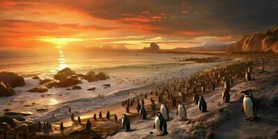 ai generado pingüino colonia en el playa con hermosa puesta de sol vista. generativo ai foto