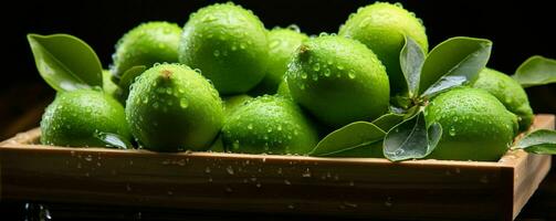 AI generated Fresh Feijoa Fruit with Water Drops Isolated on Black Background. Acca Sellowiana. Generative AI photo