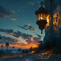 AI generated Arabic Lantern in the Desert at Sunset. Ramadan Kareem Background. Muslim Holy Month. Generative Ai photo