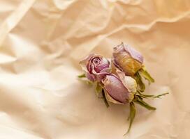 Concept shot of the background theme, wrapping paper, dried roses other flowers and other arrangements. Valentines day photo