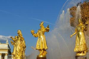 Moscow, Russia - 07.09.2023 - Shot of the famous fountain at Exhibition of Achievements of National Economy site, known as VDNKH. Landmark photo