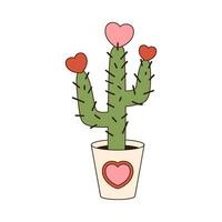 amor cactus maravilloso retro icono retro dibujos animados san valentin día elemento en de moda retro 60s 70s estilo. vector ilustración.