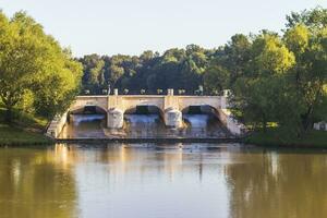 Shot of the bridge over the pond in the park. City photo