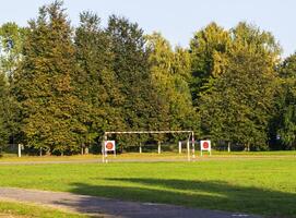 Shot of the football pitch in the park. City photo