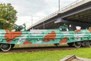 Shot of the vintage old military train with machine gun installed on it. History photo