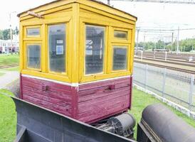 Shot of the vintage old construction train designed to remove the snow from the rails. Technology photo